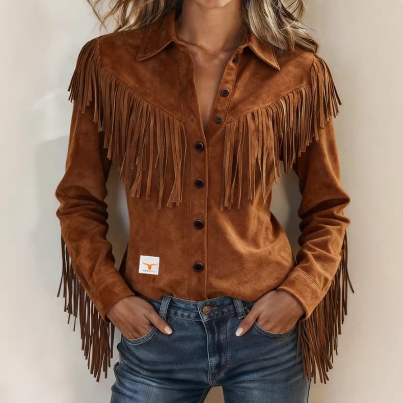Womens Suede Jacket With Notch Lapel And Tassel Trim