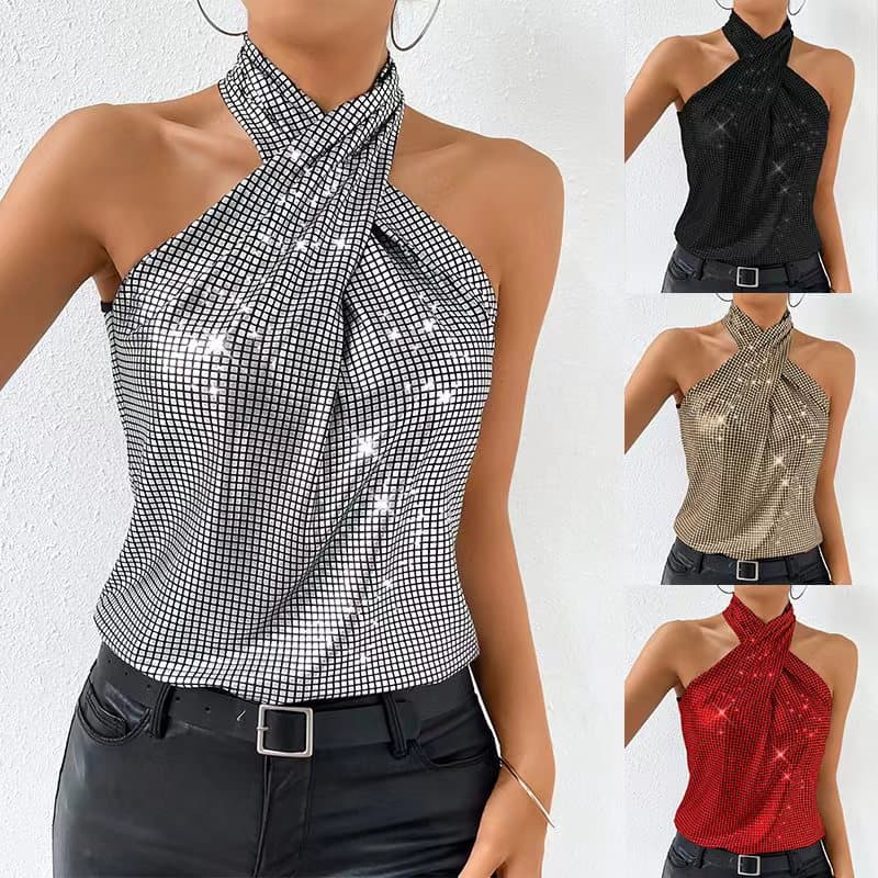 Womens Solid-Color Casual Minimalist Sequin Halter Top