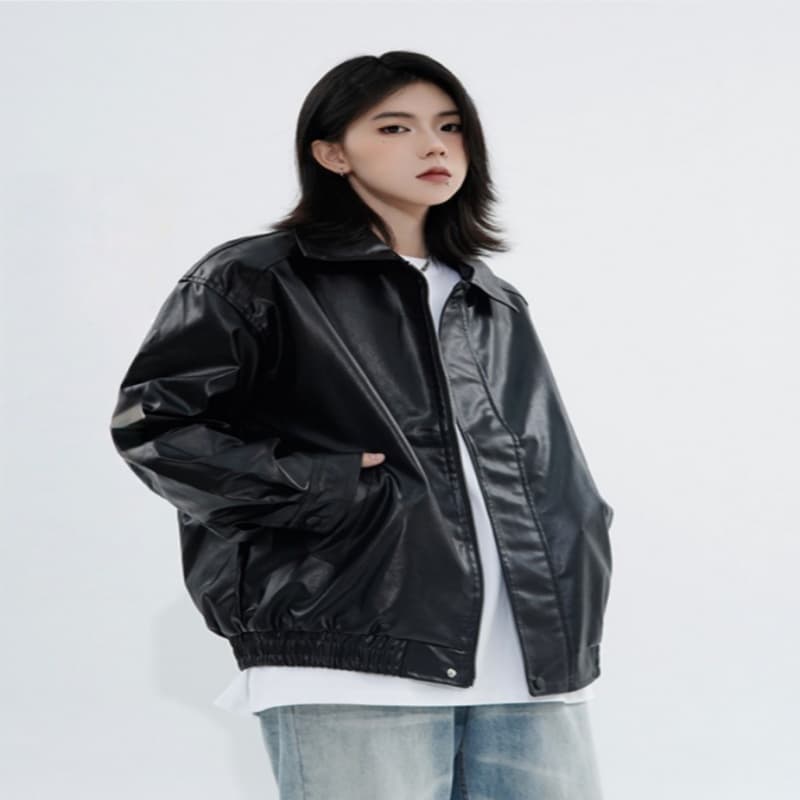 Retro Casual Loose Leather Jacket For Spring And Autumn